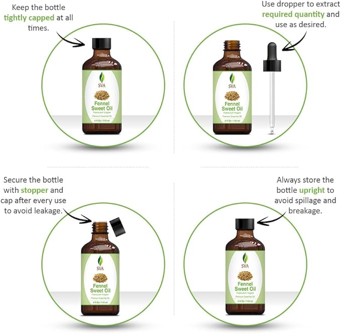 SVA Sweet Fennel Essential Oil – 4 Fl Oz – 100% Natural Fennel Oil - for Diffuser, Hair Care, Face, Skin Care, Aromatherapy, Scalp and Body Massage, Soap and Candle Making – with Dropper-VivaGrace Women