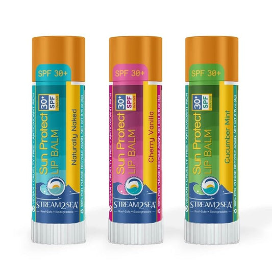 STREAM 2 SEA SPF 30 Organic Lip Balm Set, Reef Safe Cherry Vanilla, Naturally Naked and Cucumber Mint, Moisturizing + Sun Protect Outdoor Lip Balm For Beach and Sports, Paraben Free Lip Moisturizer-VivaGrace Women