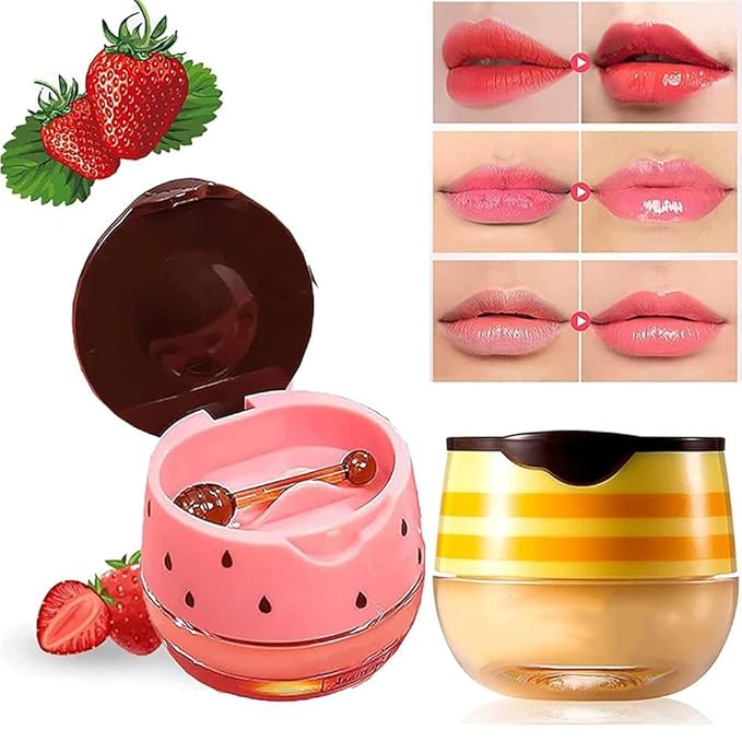 2PCS Honey Balm & Strawberry Lip Balm, Honey Lip Balm, Lip Masks for Dry and Cracked Lips with Brush, Lip Exfoliator & Moisturizer, Reduces Lips Lines & Lightens Lips, Anti-Wrinkle, Aging-VivaGrace Women