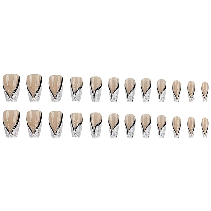 Coffin Press on Nails French Tip Fake Nails Medium False Nails with Glitter Designs Medium Coffin Nail Press ons Nude Full Cover Glue on Nails Cute Stick on Nails for Women 24Pcs