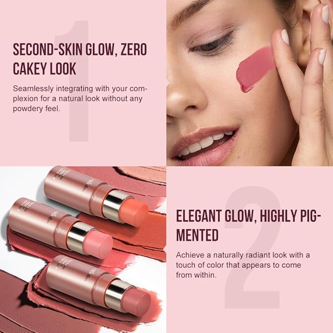 Multi-Use Makeup Cream Blush Stick, Unidollss 3-in-1 Buildable Blush Stick for Cheeks, Eyes, and Lips, Hydrating formula, All day wear, Easy Application with Thumb Puff Included (03 PALPITATING)-VivaGrace Women