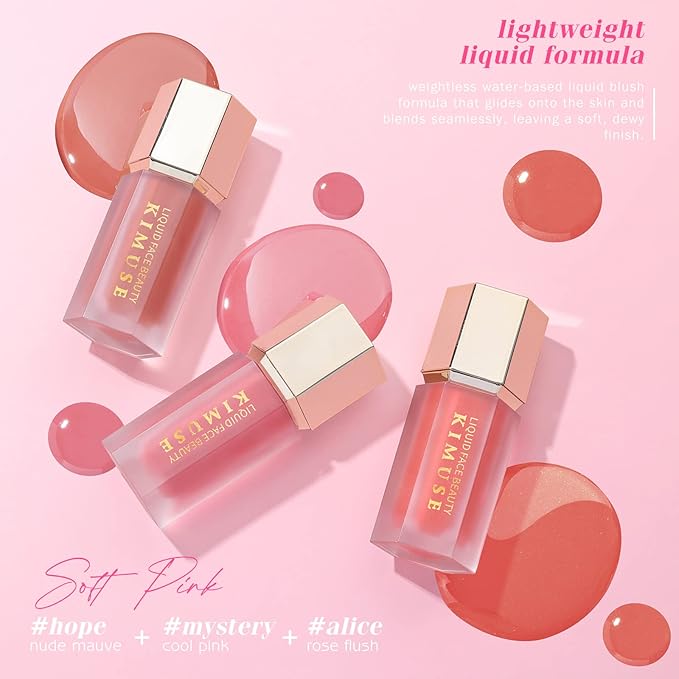 KIMUSE Soft Pink Gel-Cream Blush Trio, Liquid Blush for Cheeks, Weightless, Long-Wearing, Smudge Proof, Natural-Looking, Dewy Finish, Skin Tint Blush Makeup, 0.42 Fl Oz (love pink)-VivaGrace Women