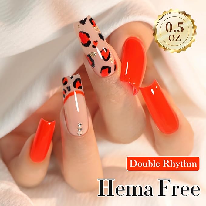 Double Rhythm 0.50 OZ Gel Polish Hema Free Same Color Same Bottle Golden Round Translucent Neutral Natural Milky 15 ML Jelly UV Polish Art DIY at Home (Neon Orange-C1044)