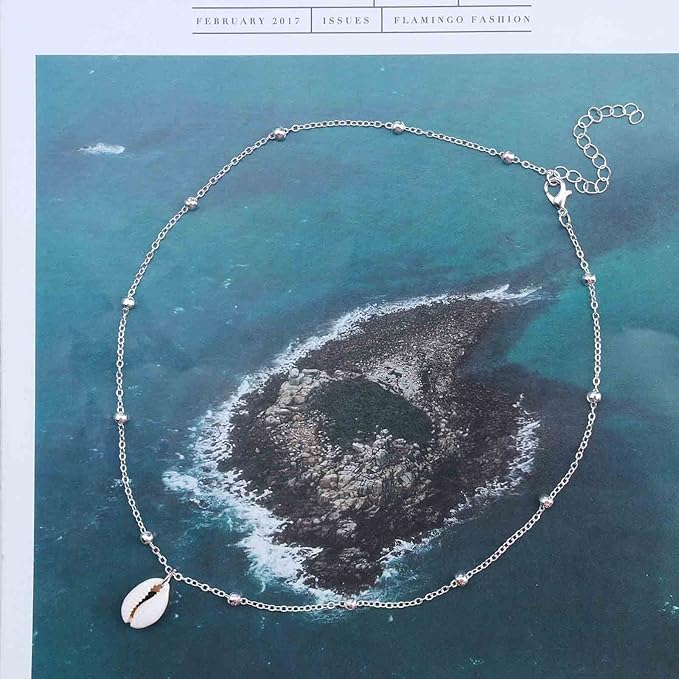 Bohemia Sea Shell Choker Necklace Natural Shell Pendant Necklace Minimalist Cowrie Necklace Silver Satellite Chain Necklace Jewelry for Women and Girls-VivaGrace Women