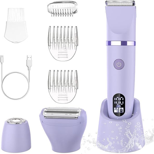 3-in-1 Electric Razor IPX7 Waterproof Bikini Trimmer Wet & Dry Use Painless Personal Trimmer Groomer for Ladies Face Body Legs Bikini Public Hairs Electric Lady Shaver with Replaceable Heads-VivaGrace Women