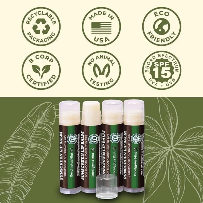 SPF Lip Balm 4-Pack by Earth's Daughter - Lip Sunscreen, SPF 15, Organic Ingredients, Eucalyptus Mint Flavor, Beeswax, Coconut Oil, Vitamin E - Hypoallergenic, Paraben Free, Gluten Free-VivaGrace Women