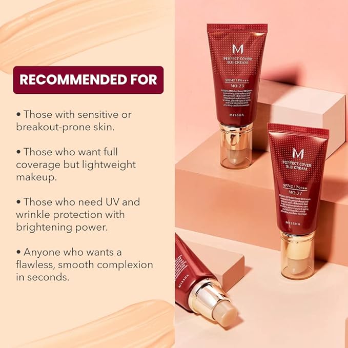 MISSHA M PERFECT COVER BB CREAM No.23 Natural Beige for Light with Neutral Skin Tone SPF 42 PA+++1.69 oz & M BB Boomer 40ml -Lightweight, Multi-Function, High Coverage-VivaGrace Women