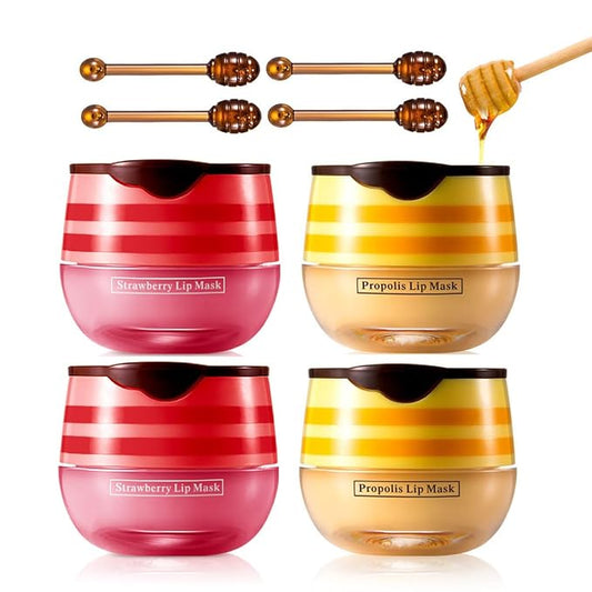 4 Pcs Lip Balm, Honey & Strawberry Hydrating Lip Mask, Reduces Lip Lines Prevention Dry and Cracked Lip Exfoliator Lip Balm. (2 Pcs Honey &2 Pcs Strawberry)-VivaGrace Women
