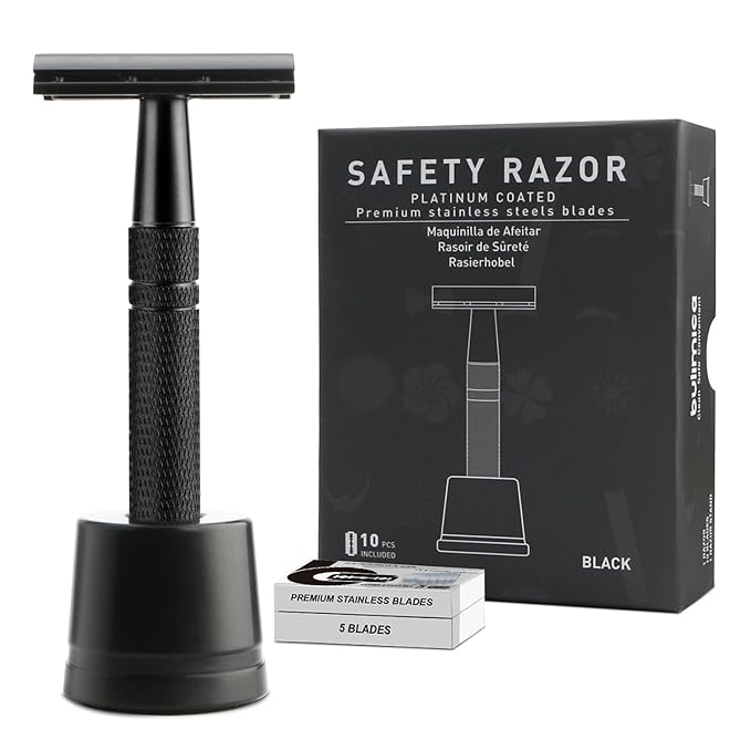 Double Edge Safety Razor with Stand, Single Blade Razors for Men and Women, Reusable Metal Razor, with 10 Stainless Steel Double Edge Blades, Smooth and Close Shave, Plastic Free, Matte Black-VivaGrace Women