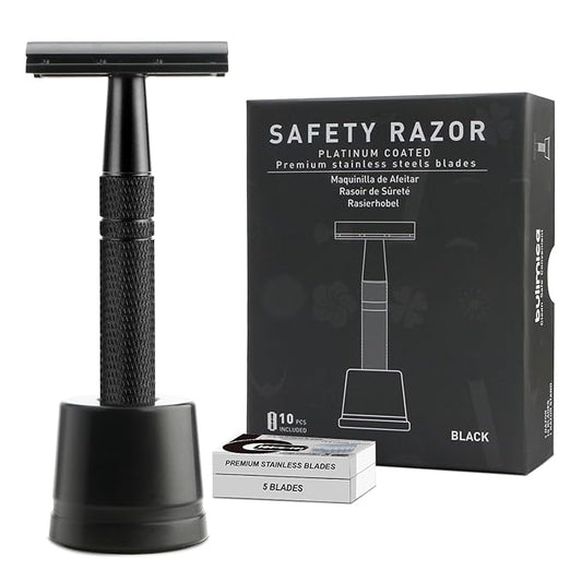 Double Edge Safety Razor with Stand, Single Blade Razors for Men and Women, Reusable Metal Razor, with 10 Stainless Steel Double Edge Blades, Smooth and Close Shave, Plastic Free, Matte Black-VivaGrace Women