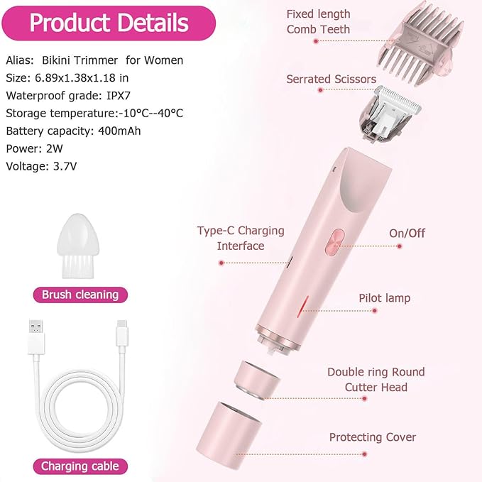 Bikini Trimmer for Women, Waterproof Bikini Shaver with Dual Head Design, Cordless Rechargeable Shaver for Women Private Area, Gentle Wet & Dry Hair Removal for Bikini Line & Underarms-VivaGrace Women