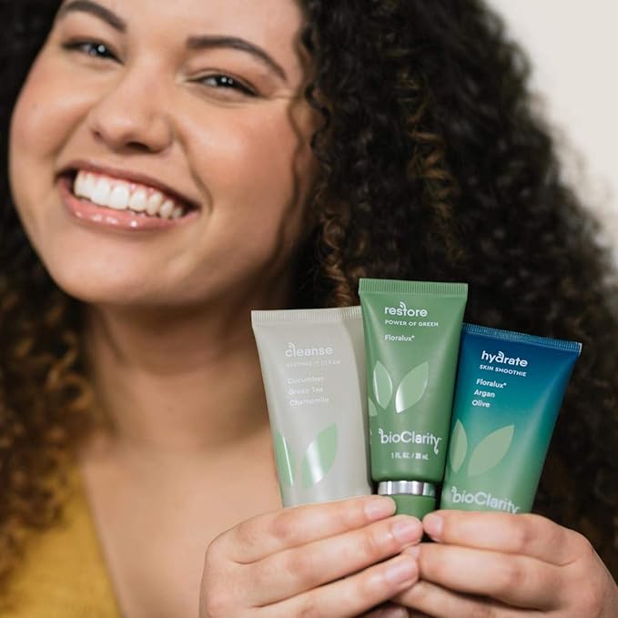 BioClarity 3-Step Essentials Skin Routine for Normal & Oily Skin Types | Cleanse, Restore and Moisturize | Gentle Clean and Hydrate Face | 100% Clean, Vegan Ingredients (Mini Size)-VivaGrace Women