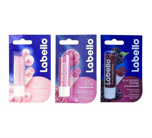 Labello Pearly Shine, Labello Soft Rose, Labello Blackberry Shine Lip Balm Bundle-VivaGrace Women