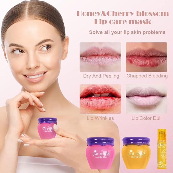 2PCS Lip Mask Overnight, Honey&Sakura Day and Night Repair Sleeping Lip Balm, Fade Lip Lines Bee Balm, Hydrating &Prevention Dry and Crack Lip Scrubs Exfoliator-VivaGrace Women
