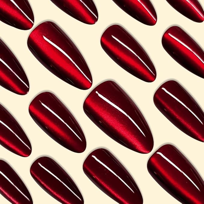 KQueenest Dark Red Press on Nails Cat Eye, Burgundy Glitter Press on Nails Almond Medium, Sparkly Shiny Fake Nails Set, Cute Bling Glue on Nails Medium Length for Women Holiday, Gothic Design, 30 Pcs