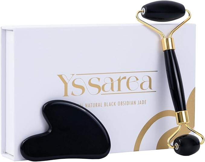 Yssarea Obsidian Roller and Gua Sha - Face Roller | 100% Natural Obsidian Stone Set | Dual Sided Face Massager | Reduces Signs of Aging, Black-VivaGrace Women