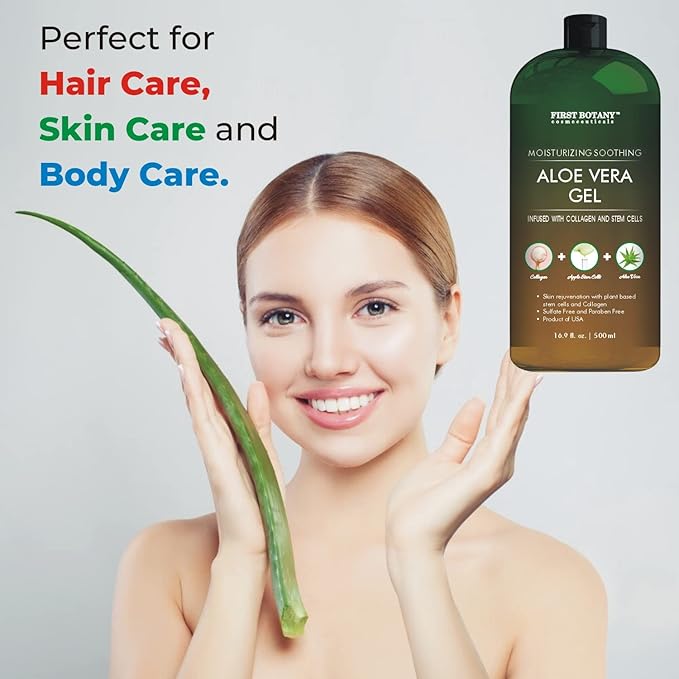 First Botany, Pure Aloe vera gel 100% Fresh Pure Aloe Infused with Stem Cells, Collagen Tea Tree Oil Natural Raw Moisturizer for Face Skin Body Hair Perfect for Sunburn, Acne, Razor Bumps 16.9 fl oz-VivaGrace Women