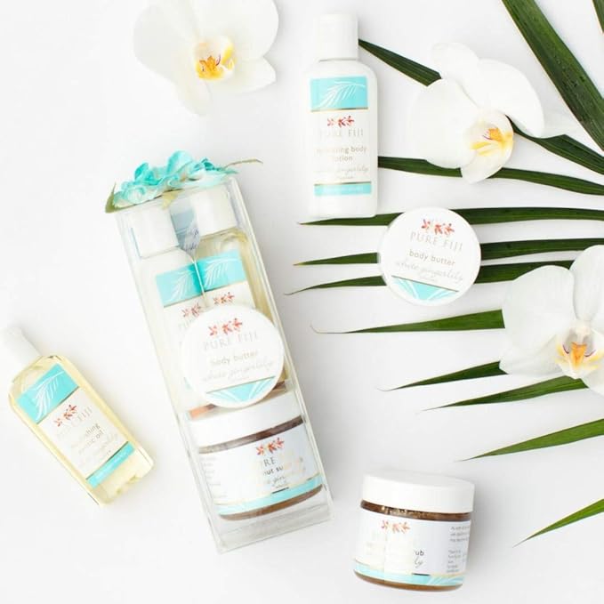Pure Fiji Spa Gift for Women - Body Gift Box Include: Body Lotion 1Fl.Oz, Nourishing Exotic Oil 1 Fl.Oz, Body Butter 0.5oz & Sugar Rub 2oz, Scent White Gingerly-VivaGrace Women