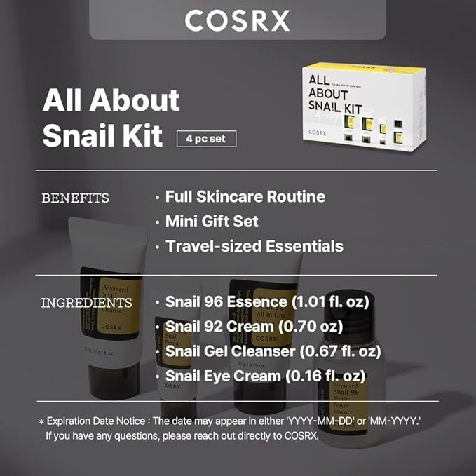 COSRX All About Snail Korean Skincare | TSA Approved Travel Size, Gift Set with Face Gel Cleanser, Essence, Cream & Eye-cream, Repairing, Recovering, Rejuvenating Kit with Snail Mucin, Korean Skincare-VivaGrace Women