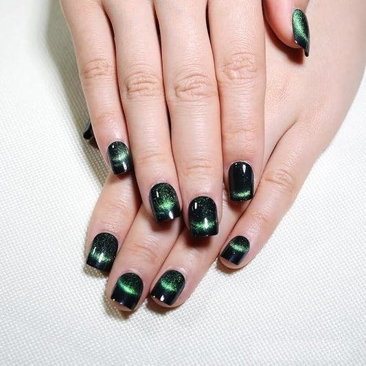Green Press On Nails Short Square,Cat Eye Fake Nails,Defined Smile Line Design with a Radiant Gloss Effect, Glossy Gel Finish Acrylic Short Press On Nails, Thick Reusable Glue On Nails for Women