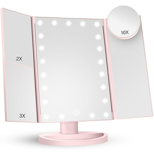 HUONUL Makeup Mirror Vanity with Lights, 2X 3X 10X Magnification, Lighted Mirror, Touch Control, Trifold Dual Power Supply, Portable LED Women Gift (Pink)-VivaGrace Women