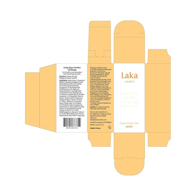 Laka Fruity Glam Lip Tint Mini, Glowing Lip Stain with Wide Color Spectrum, Hydrating & Lightweight Texture, Long-Lasting Bold Stain, Non-Sticky, Vegan, K-Beauty (#125 Mango)