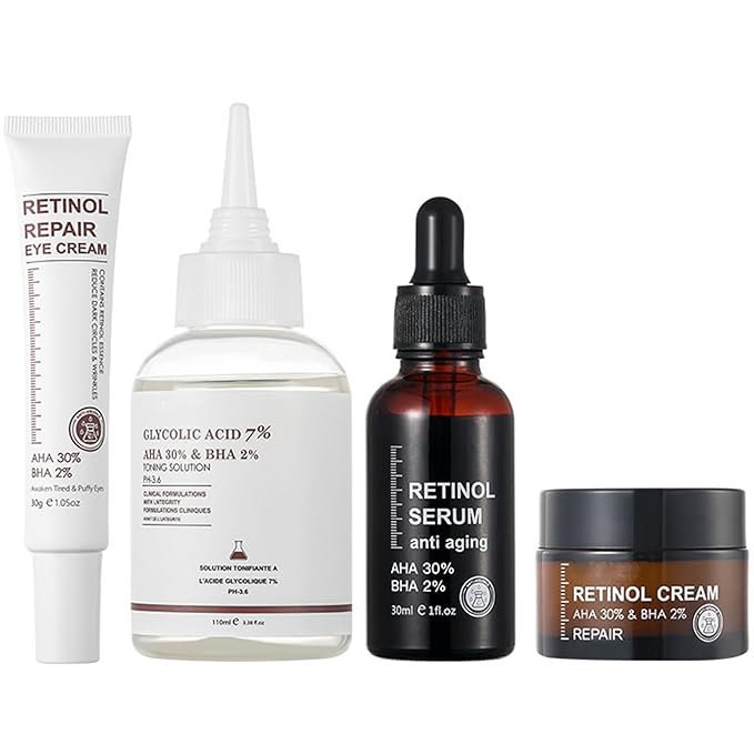 Retinol Skin Care Set, 4Pcs Anti Aging Skin Care Sets for Women, Include Retinol Face Cream Eye Cream Serum and Glycolic Acid 7%, Reduce Wrinkles, Promote Collagen Production Restore Skin Elasticity-VivaGrace Women