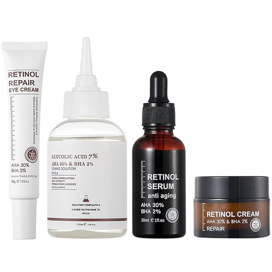 Retinol Skin Care Set, 4Pcs Anti Aging Skin Care Sets for Women, Include Retinol Face Cream Eye Cream Serum and Glycolic Acid 7%, Reduce Wrinkles, Promote Collagen Production Restore Skin Elasticity-VivaGrace Women