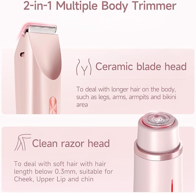 Bikini Trimmer for Women Electric Razors for Women, Double Head Dual Purpose, IPX7 Waterproof Hair Razor, Ceramic Blade Hair Trimmer Wet & Dry Use,Womens Painless Electric Shaver for Facial and Body-VivaGrace Women