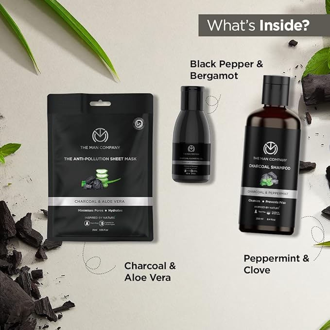 The Man Company Ultimate Charcoal Detan Kit with Elegant Gift Box | Charcoal Body wash, Shampoo, Face Scrub, Face wash, Charcoal Soap, Cleansing gel, Charcoal Sheet mask*2 (Set of 8)-VivaGrace Women
