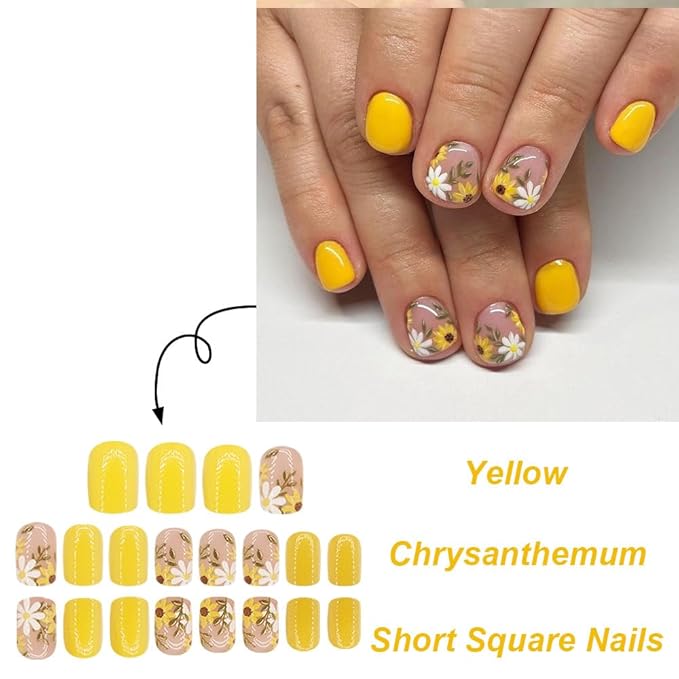 24Pcs Press on Nails Short Square Fake Nails Spring Sunflower Fake Nails Yellow Spring False Nails Full Cover Stick on Nails Flower Glue on Nails Cute Artificial Acrylic Nails for Women Girls