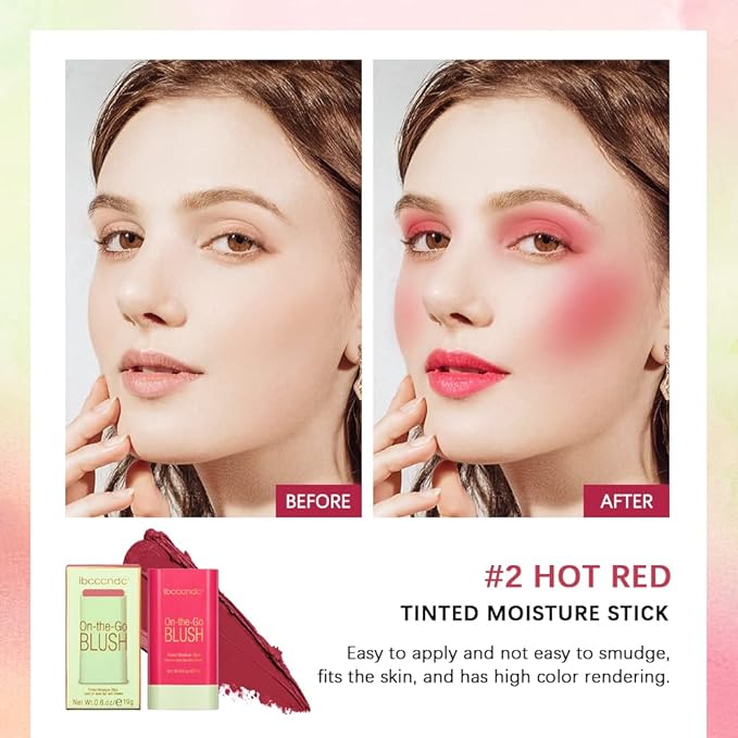 Blush Stick Matte Finish Waterproof Long Lasting Pink Red Cheek Lip Make-up Multi Lip Tint Stick Highlighter High Pigment Rouge Blush for Women Lady Daily Lip Cheek Makeup (2#hot red)-VivaGrace Women