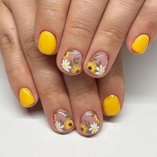 24Pcs Press on Nails Short Square Fake Nails Spring Sunflower Fake Nails Yellow Spring False Nails Full Cover Stick on Nails Flower Glue on Nails Cute Artificial Acrylic Nails for Women Girls