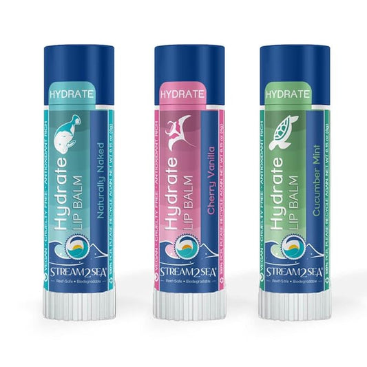 Stream2Sea Hydrate Lip Balm Set, Cherry Vanilla, Naturally Naked and Cucumber Mint Reef Safe Lip Balms, Nourishing and Moisturizing Indoor Lip Balm For Daily Use, Paraben Free-VivaGrace Women