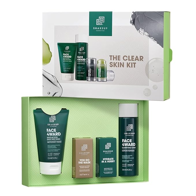 Shakeup - 4-Piece Clear Skin Kit, Mens Skincare Gift Set, Targets Blemishes, Daily Face Wash, Clarifying Toner, Purifying Mask & Moisturiser Stick-VivaGrace Women