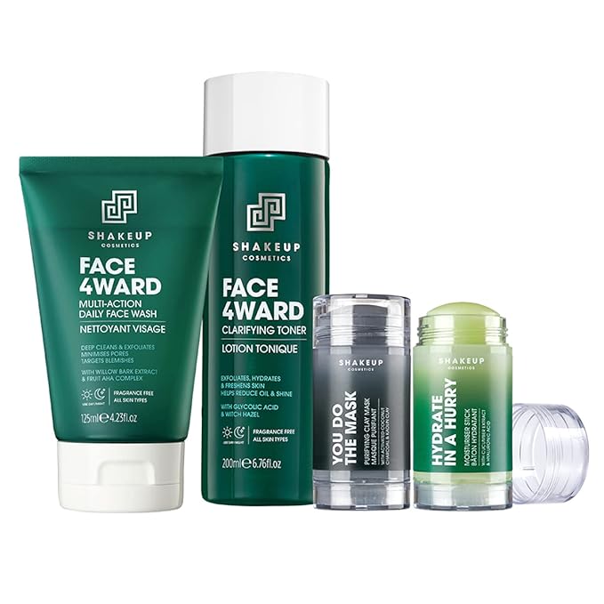 Shakeup - 4-Piece Clear Skin Kit, Mens Skincare Gift Set, Targets Blemishes, Daily Face Wash, Clarifying Toner, Purifying Mask & Moisturiser Stick-VivaGrace Women