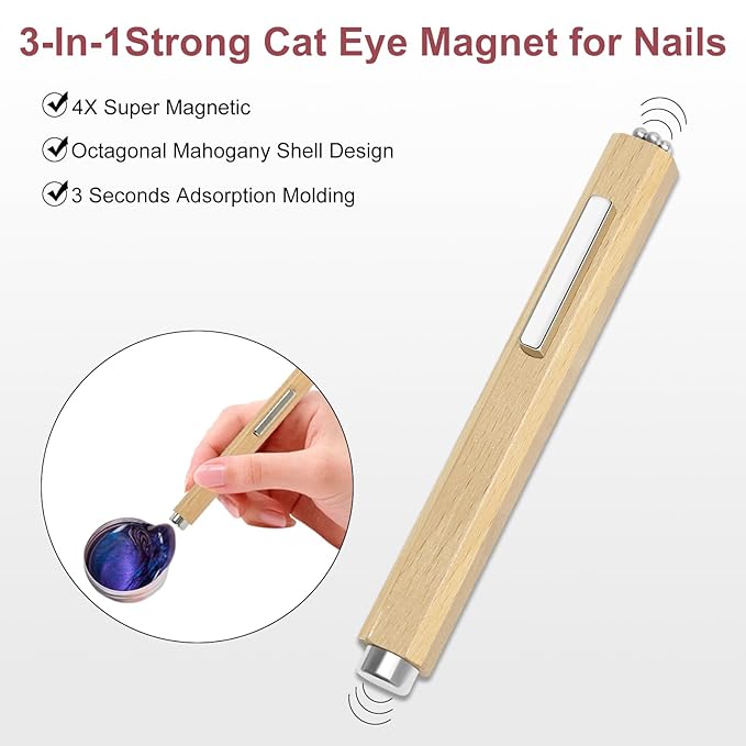 3 in 1 Nail Magnet, Multifunctional Cat Eye Gel Nail Polish Magnet with Octagonal Mahogany Shell Protective Cover for Cat Eye Nail Art Design (Original Wood)