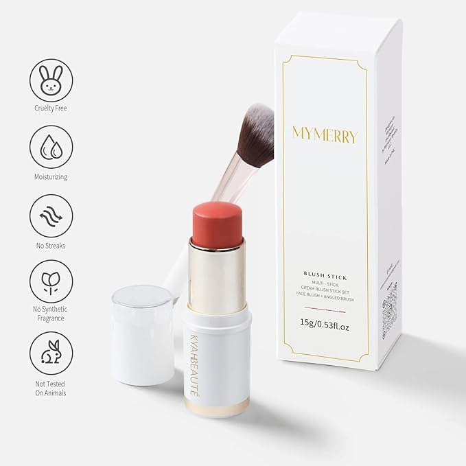 Blush Stick, Cream Blush for Cheeks and Lip Tint, Dewy Finish, Buildable & Blendable Color, Lightweight & Long-Lasting Formula | Salad Day-Coral & Angled Blush Brush（0.53fl.oz）-VivaGrace Women