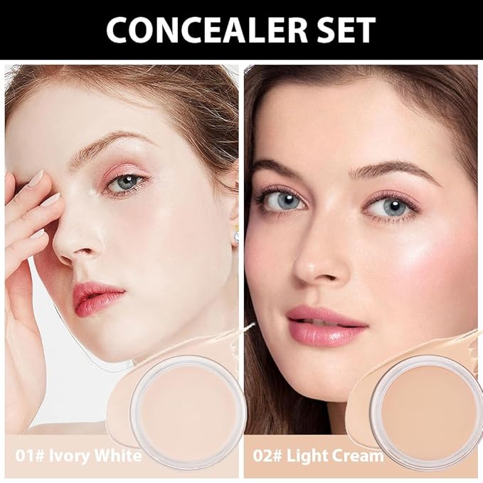 Kaely 2Pcs Pot Concealer Full Coverage Set,under Eye Brightener Concealer for Conceals Dark Circles,Waterproof Foundation Face Makeup Brush Kit,Color Correcting Concealer,01+02-VivaGrace Women