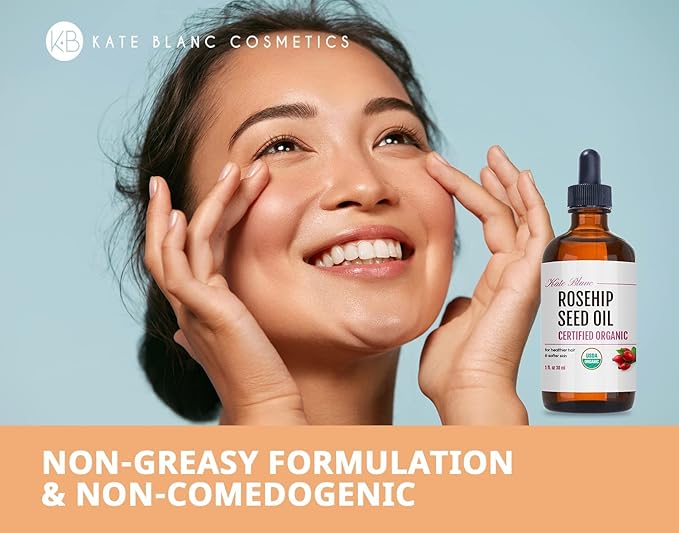 Kate Blanc Cosmetics Rosehip Oil for Face & Softer Glowing Skin (1oz, Organic, Pure, Cold Pressed) Rosehip Seed Face Oil for Facial & Gua Sha Massage-VivaGrace Women