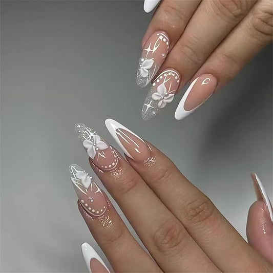 Medium Fake Nails Almond Press on Nails with Butterfly Designs French Tip Glossy Glue on Acrylic Nails Nude Full Cover Stick on Nails for Women and Girls
