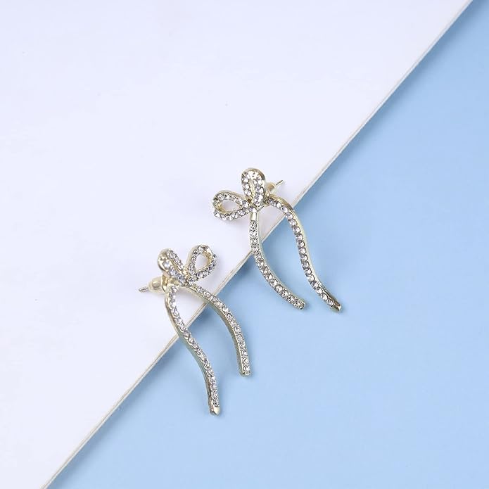 Vintage Crystal Bow Earrings Rhinestone Bow Drop Earrings Long Cz Rhinestone Earrings Gold Bow Cz Stud Earrings Jewelry for Women-VivaGrace Women