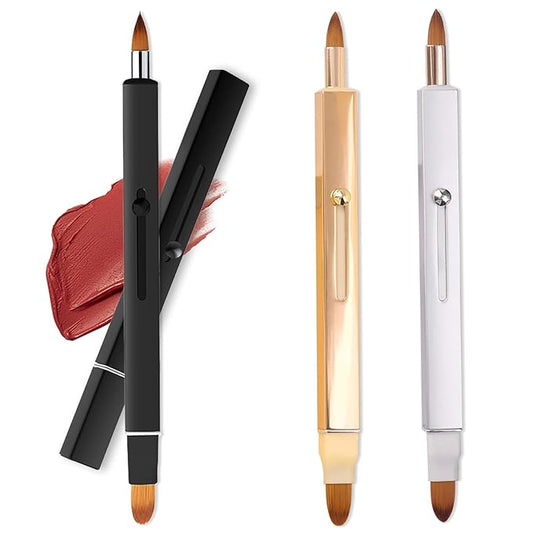 3 Pack Lip Brush for Lipstick Makeup Brushes Double-Ended Retractable Lip Brush with Cap Dustproof for Lipstick Gloss Creams Portable with Cap(Black + Gold + Silver)-VivaGrace Women