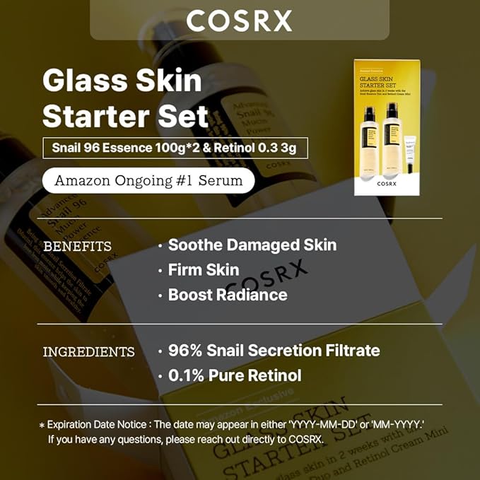 COSRX Glass Skin Korean Skincare Set- Advanced 96% Snail Mucin Serum (3.38fl oz * 2pcs) & Mini Sized 0.1% Retinol Cream for Face (0.1oz)- Korean Skin Care Gift Set, Anti Aging Set-VivaGrace Women