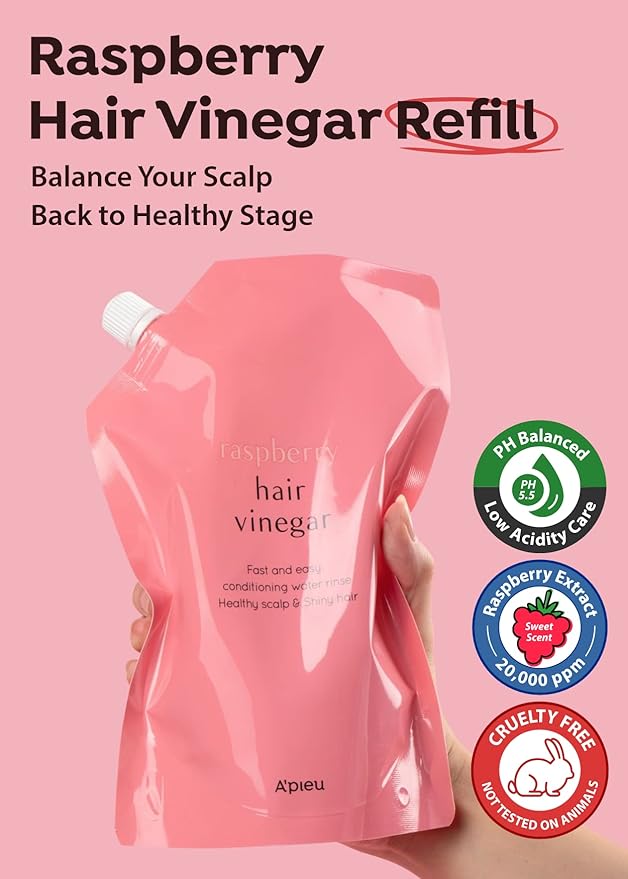 A'PIEU Raspberry Hair Vinegar Rinse Refill 13.6 fl oz - Scalp Treatment for Balanced pH, Shiny Hair | Korean Hair Care I Clarifies & Encourages Growth | Dandruff & Oil Control-VivaGrace Women