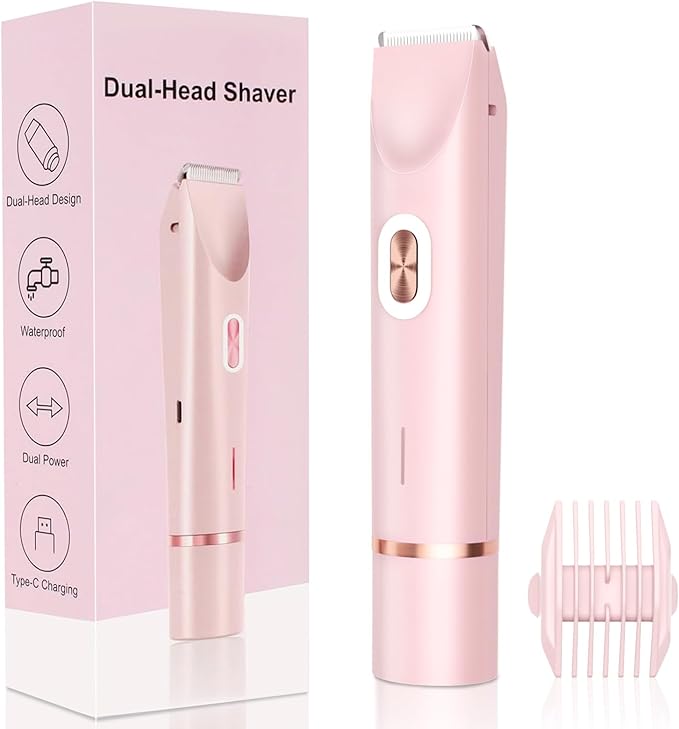 2025 New 2-in-1 Electric Bikini Trimmer for Women - Dual Head Electric Razor,Waterproof Painless Bikini Shaver, Pubic Hair Trimmer for Private Area & Body Hair, Pink-VivaGrace Women