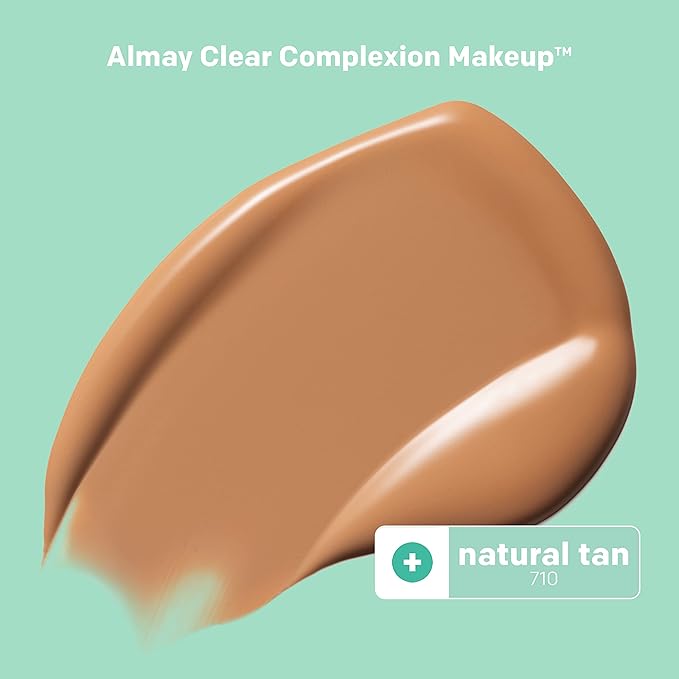 Almay Clear Complexion Acne Foundation Makeup with Salicylic Acid - Lightweight, Medium Coverage, Hypoallergenic, Fragrance-Free, for Sensitive Skin, 710 Natural Tan, 1 fl oz.-VivaGrace Women