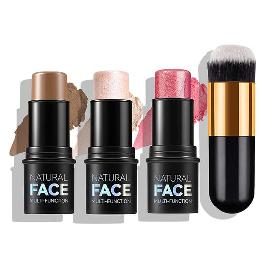 3pcs Face Contour Stick Makeup Set, Highlighter Stick Blush Stick Cream Contour Kit with Brush, Contouring Stick for Fair Skin, Concealer Makeup Stick Gift for Beginner Women Teen Girls-VivaGrace Women