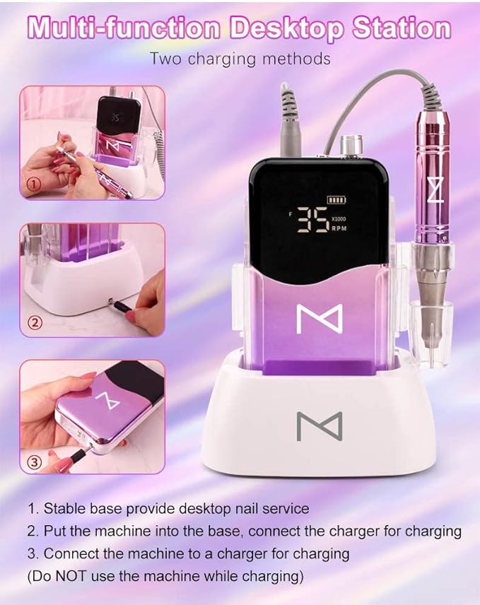 M Mase- Professional Nail Drill Machine - Coreless 2-in-1 Nail File - Electric, Cordless, 35000 RPM, HD Display - Electric Nail Drill for Professional & Home Use (Metallic Gold)-VivaGrace Women