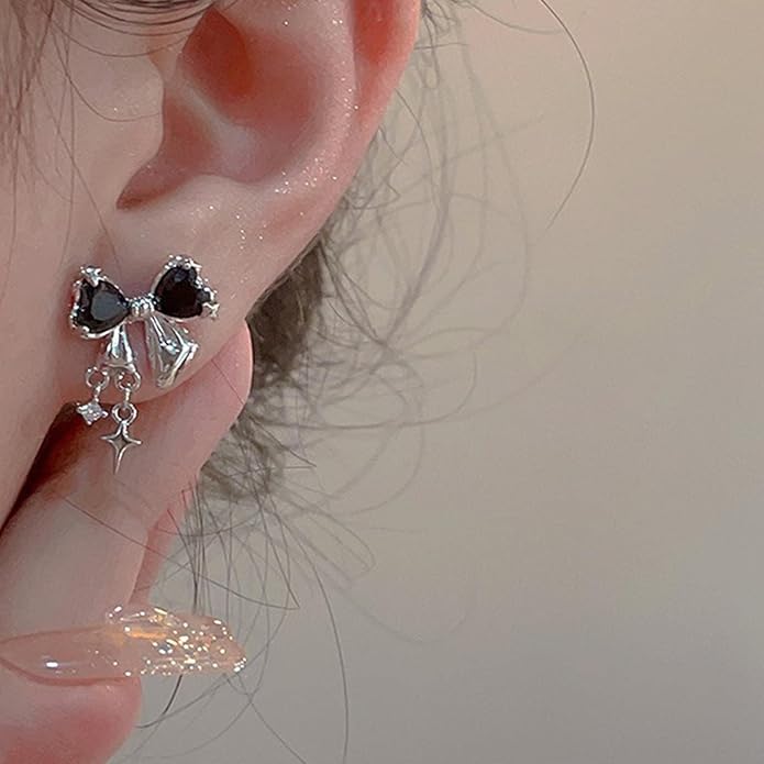Vintage Crystal Bow Earrings Black Onyx Stud Earrings Silver Tiny Cross Drop Earrings Sparkly Cz Rhinestone Bow Earrings Jewelry for Women-VivaGrace Women